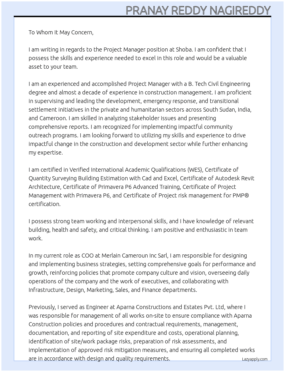 Project Manager  At Shoba Cover Letter