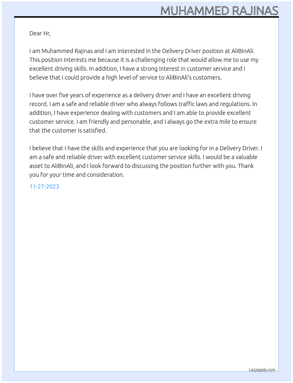 Delivery Driver At AliBinAli Cover Letter
