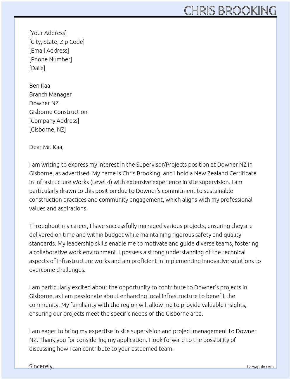 Cover letter for supervisor/projects - LazyApply