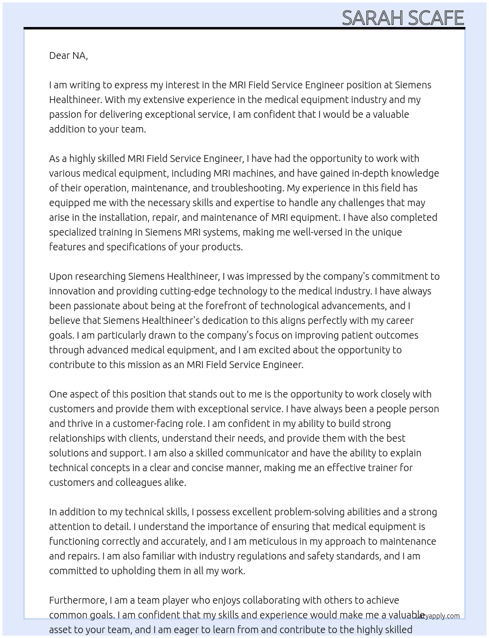 MRI Field Service Engineer At Siemens Healthineer Cover Letter