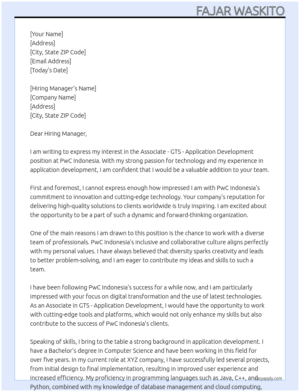 Associate - GTS - Application Development At PwC Indonesia Cover Letter