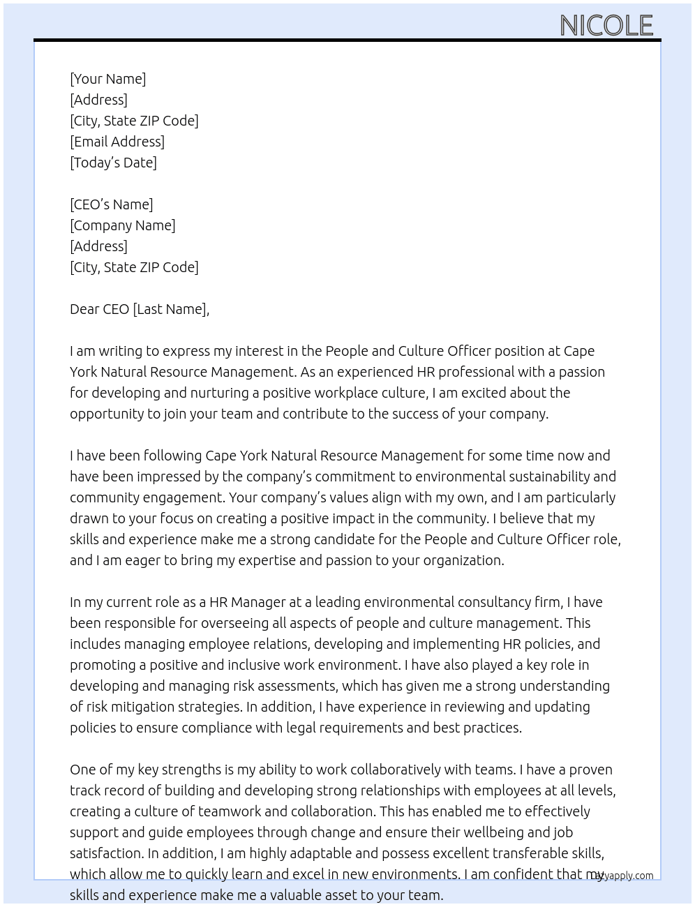 People and Culture Officer At Cape York Natural Resource Management  Cover Letter