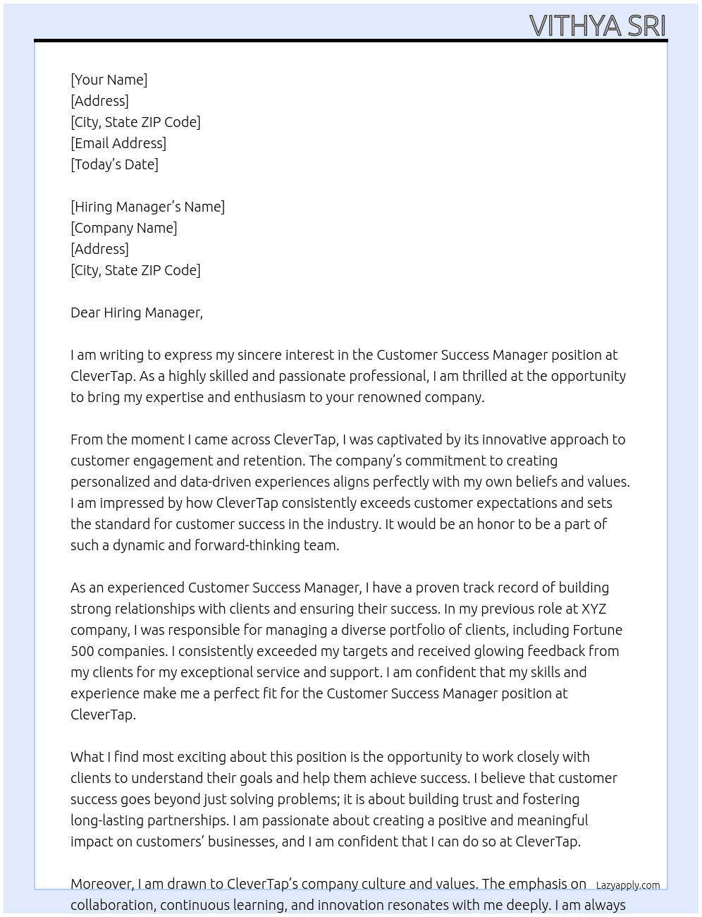 Customer Success Manager At CleverTap Cover Letter