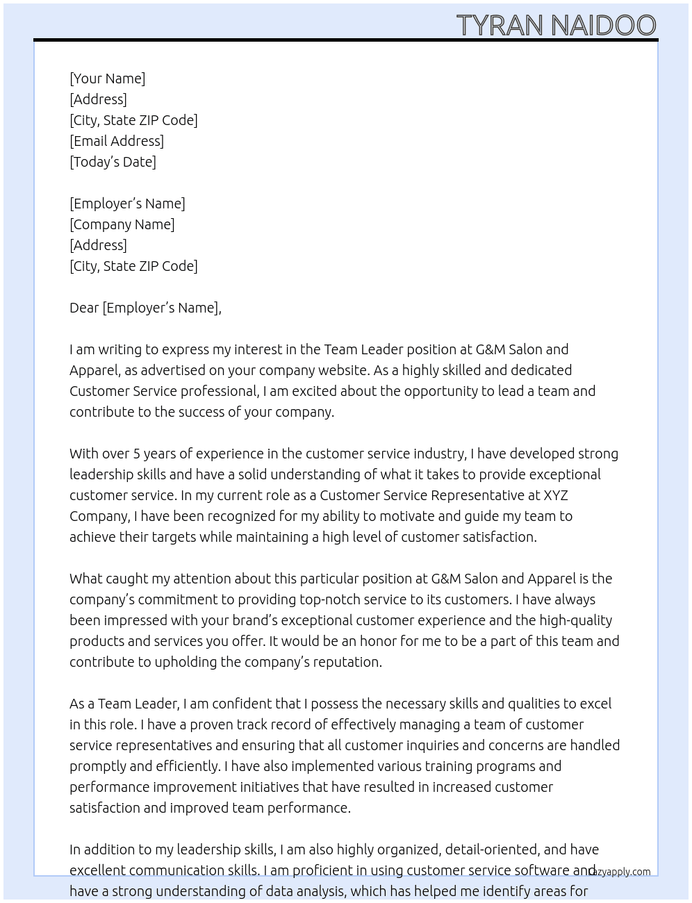 Team Leader At G&M Salon and Appreal Cover Letter