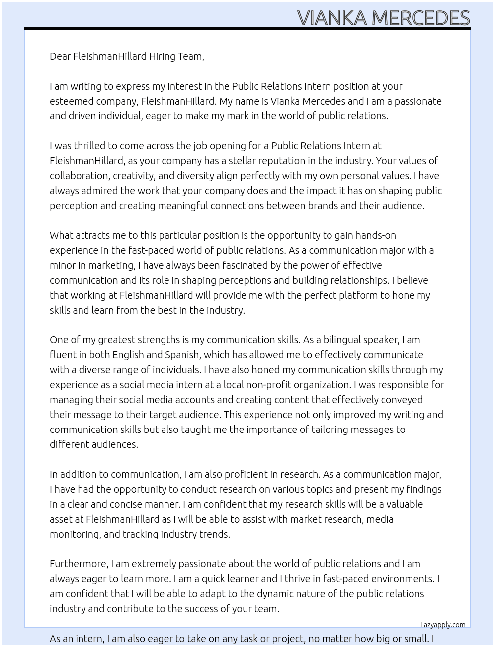 Public Relations Intern At FleishmanHillard Cover Letter