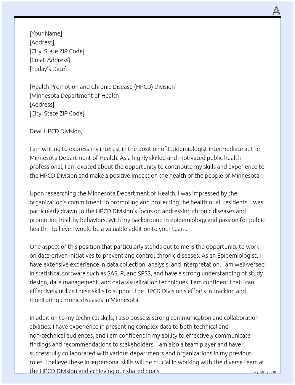 Epidemiologist Intermediate At Minnesota Department of Health  Cover Letter
