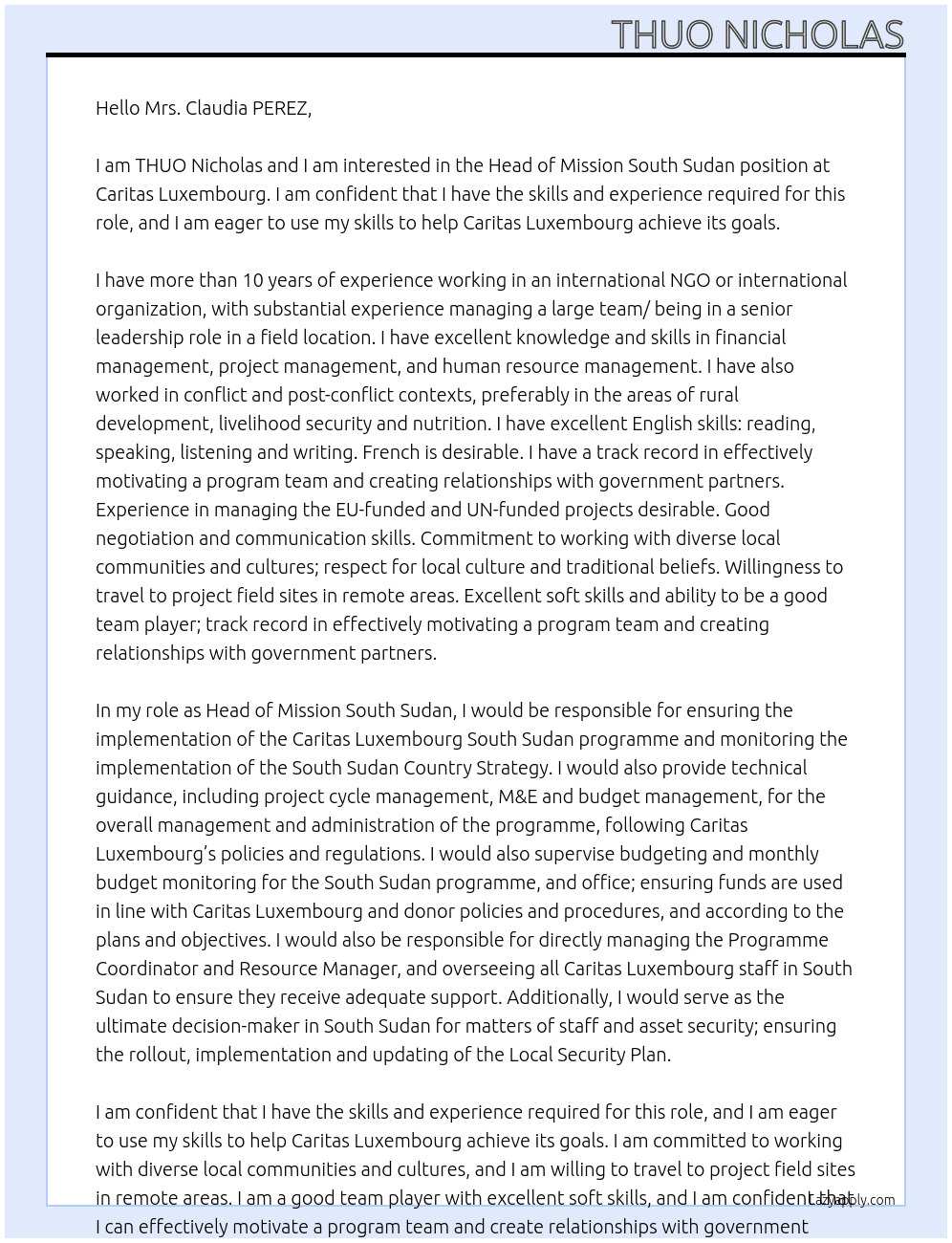 Head of Mission South Sudan At Caritas Luxembourg Cover Letter