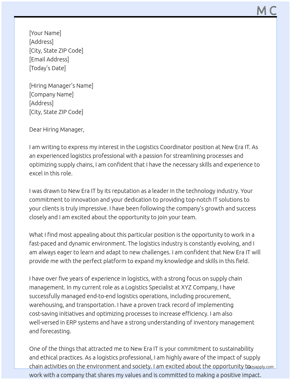 Logistics Coordinator At New Era IT Cover Letter