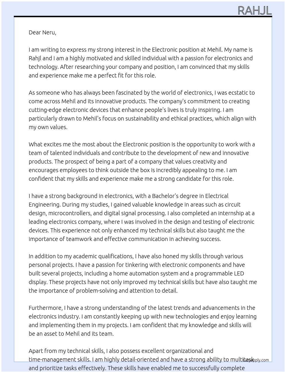 Electronic  At Mehil Cover Letter