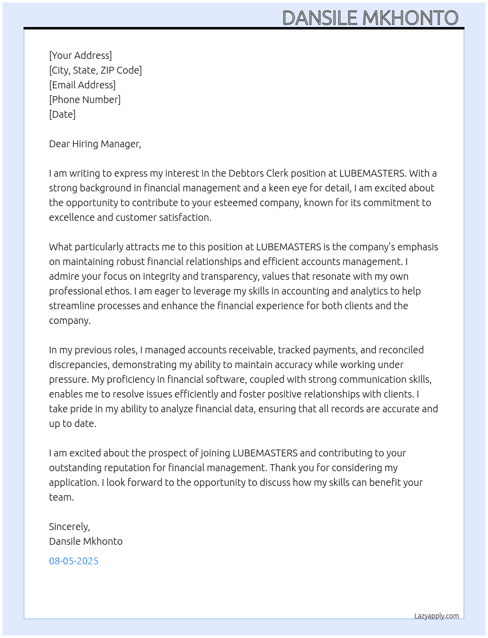 Debtors Clerk At LUBEMASTERS Cover Letter
