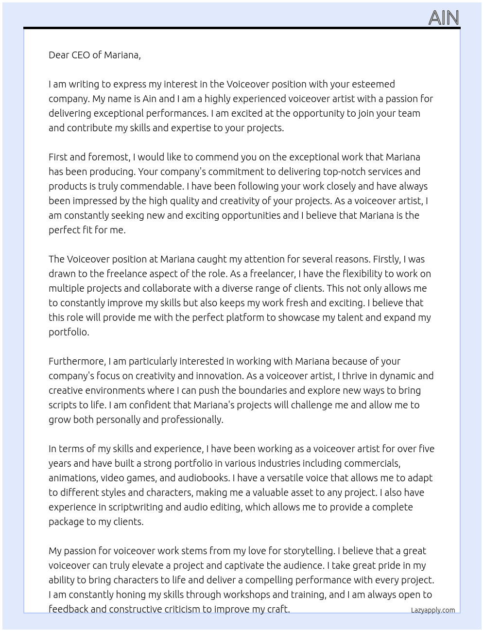 Voiceover At mariana Cover Letter