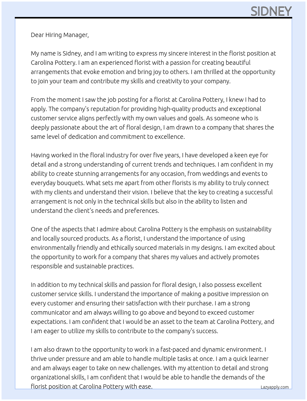 florist At carolina pottery Cover Letter