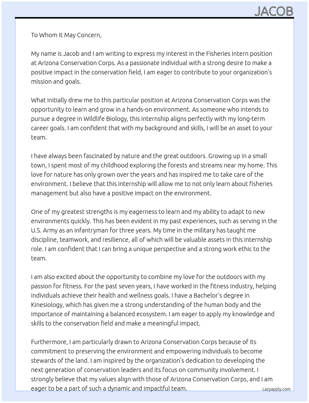 Fisheries Intern At Arizona Conservation Corps Cover Letter