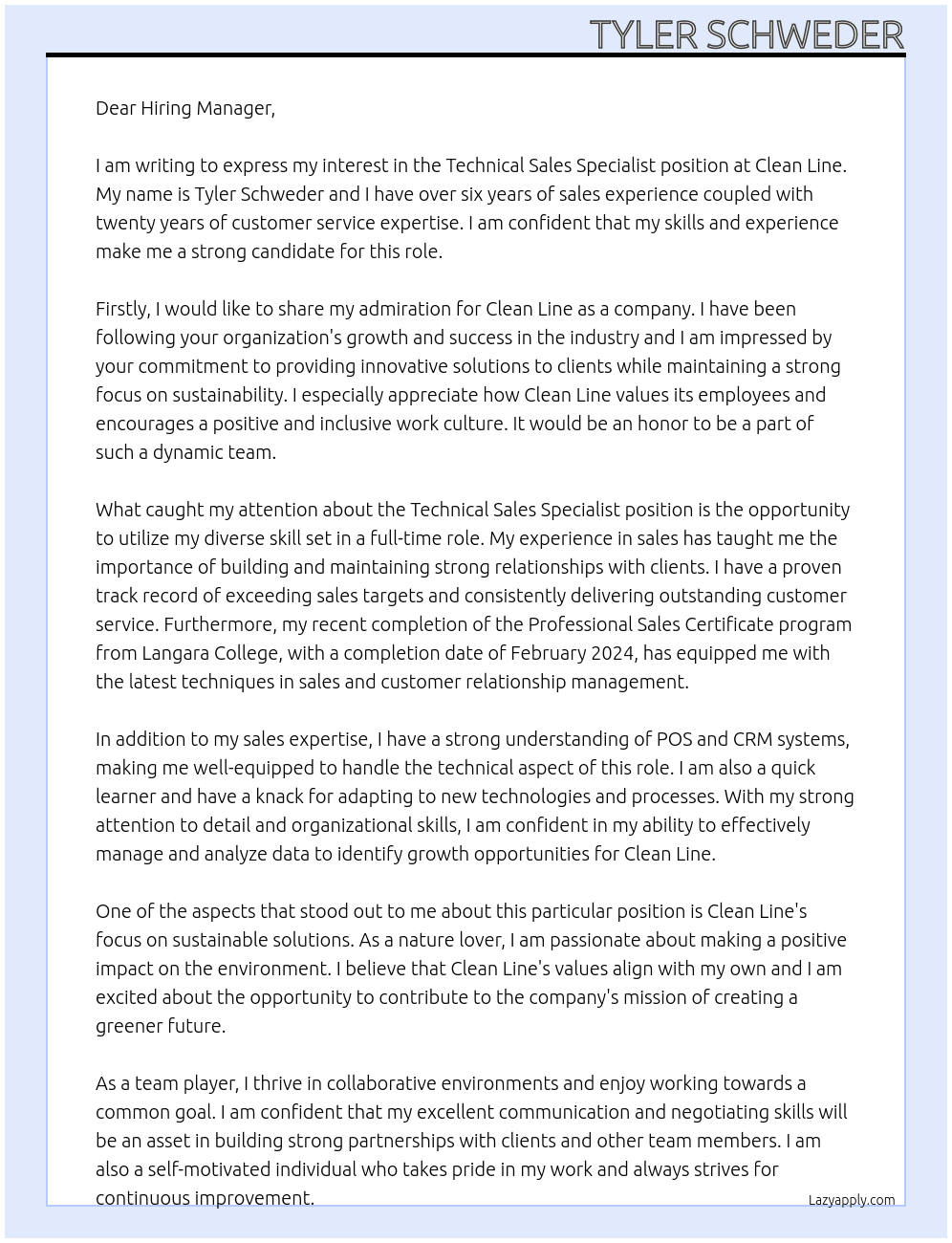 Technical Sales Specialist At Clean Line Cover Letter