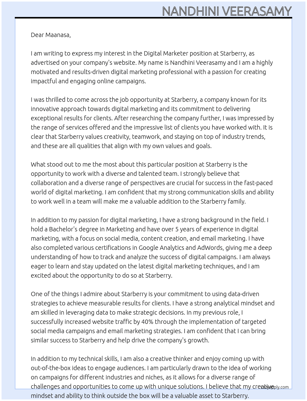 Digital marketer At Starberry Cover Letter