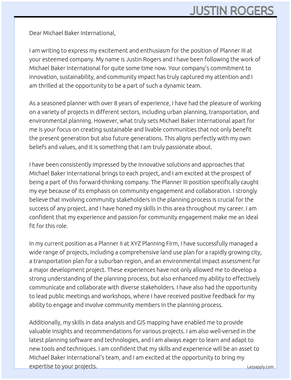 Planner III At Michael Baker International  Cover Letter
