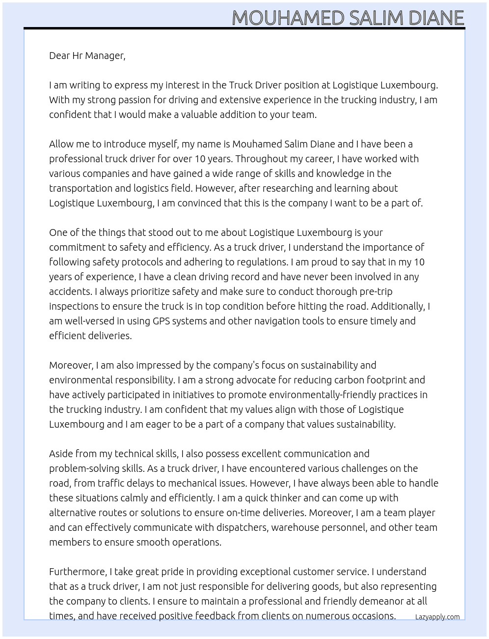 Truck driver At Logistique Luxembourg  Cover Letter