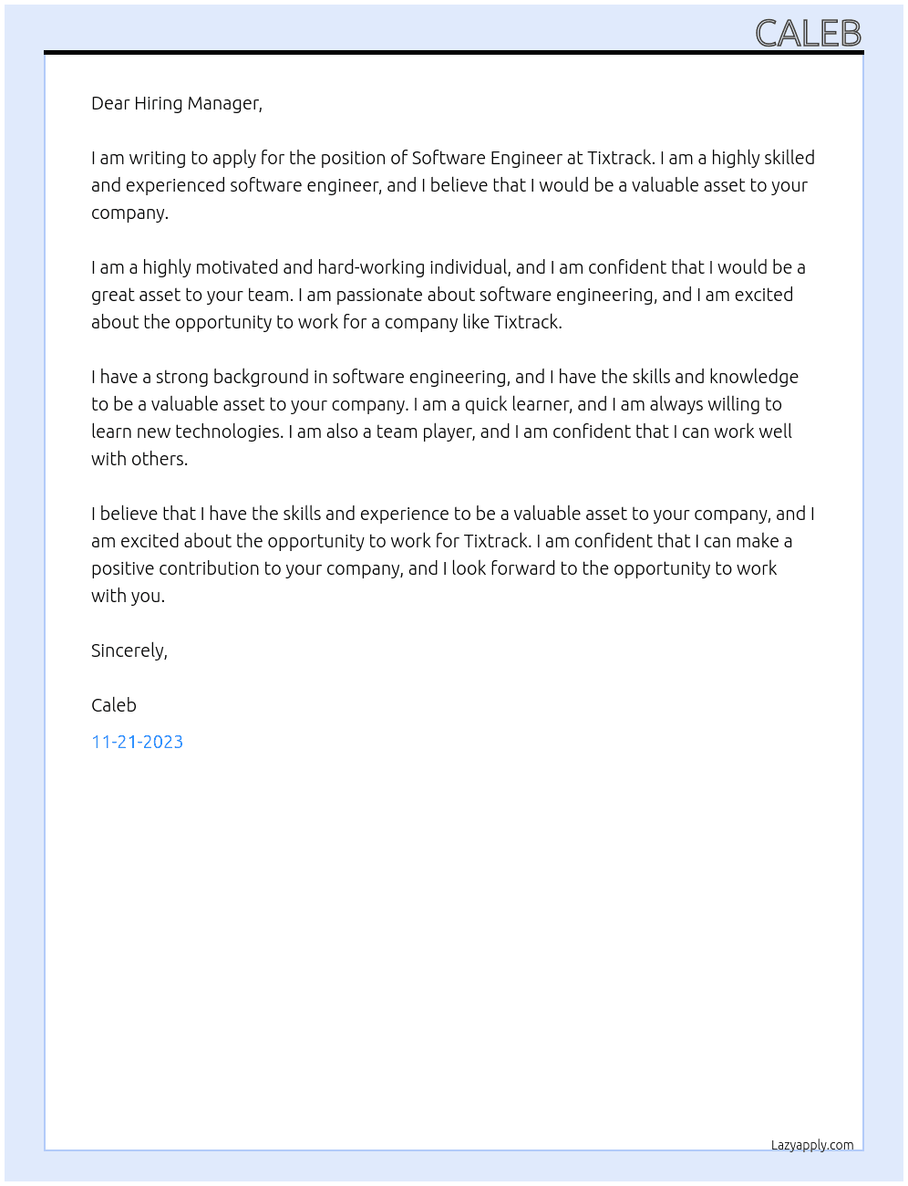 Sofwtare Engineer At Tixtrack Cover Letter