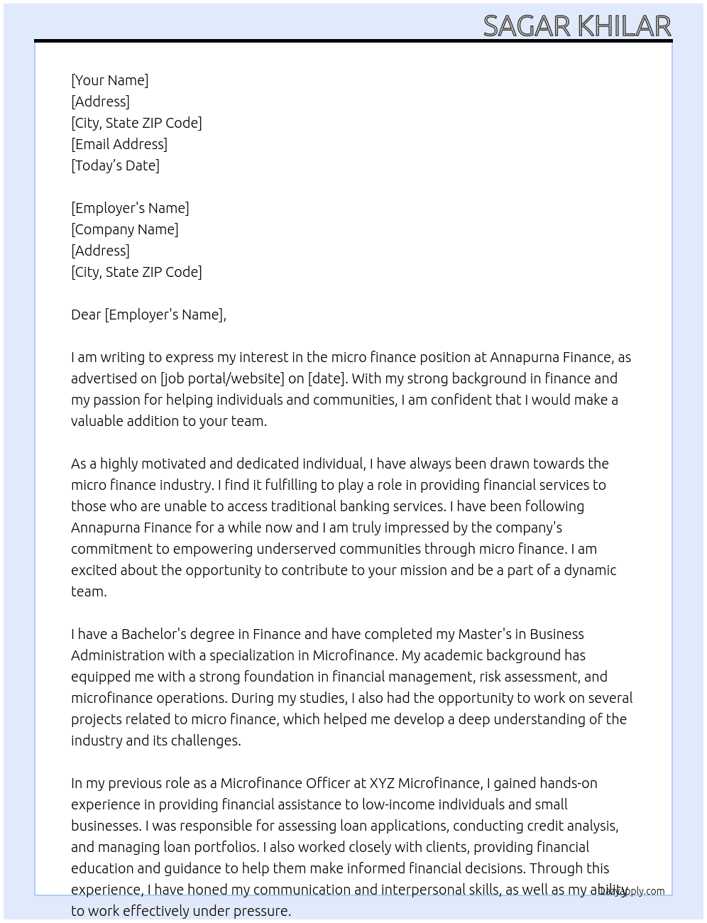 micro finance At annapurna Finance Cover Letter