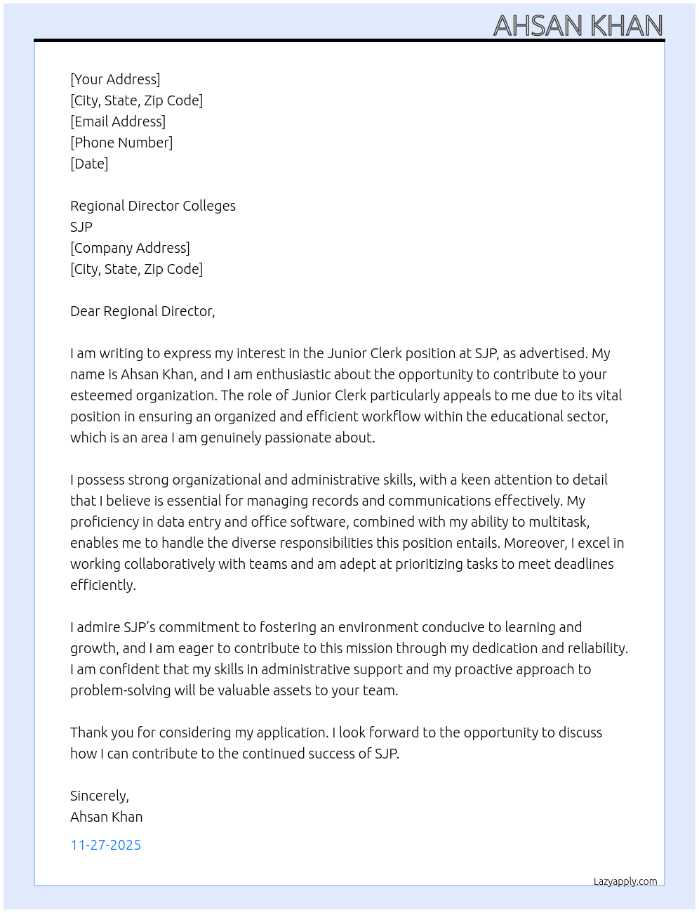 Junior Clerk At SJP Cover Letter