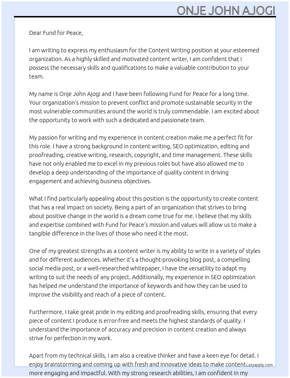 Content writing  At Fund for Peace Cover Letter