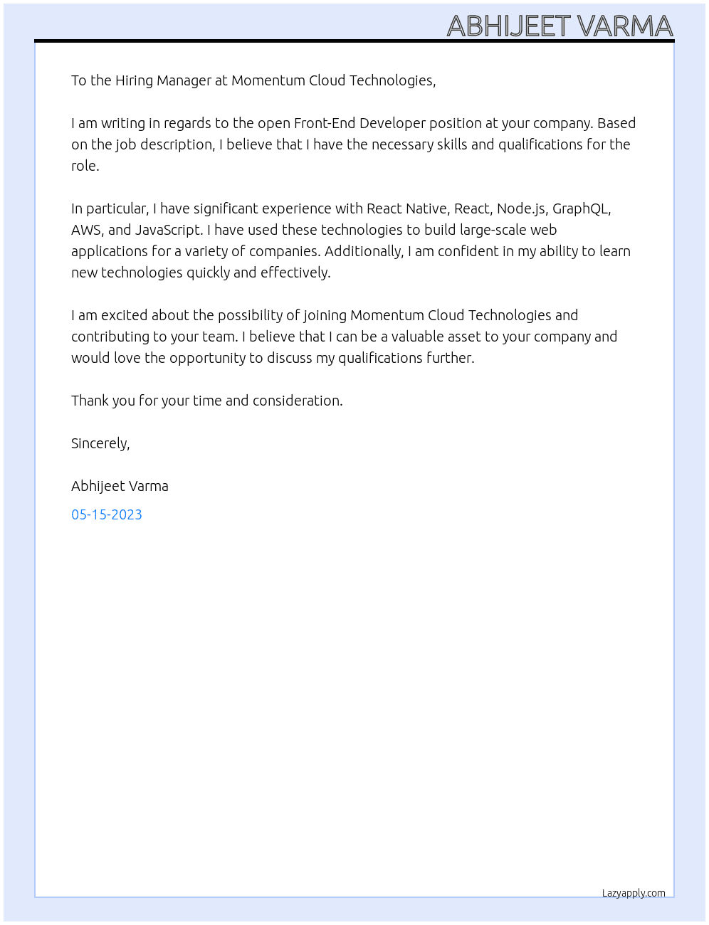 Front-End Developer At Momentum Cloud Technologies Cover Letter