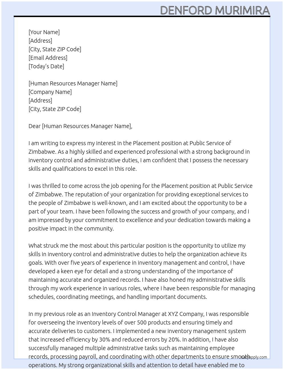 Placement At Public Service of Zimbabwe  Cover Letter