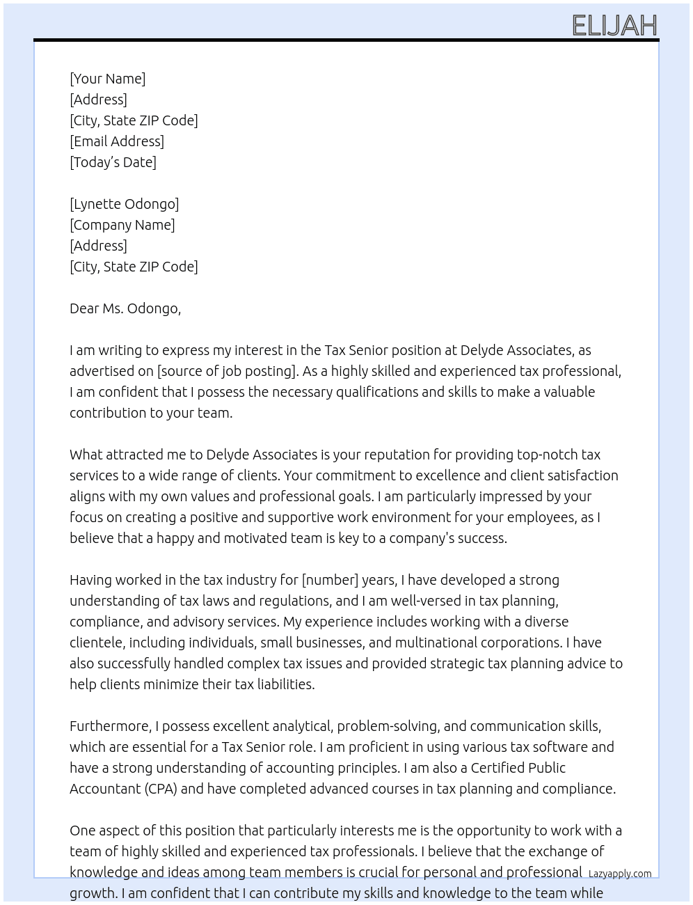 Tax senior At Delyde Associates Cover Letter