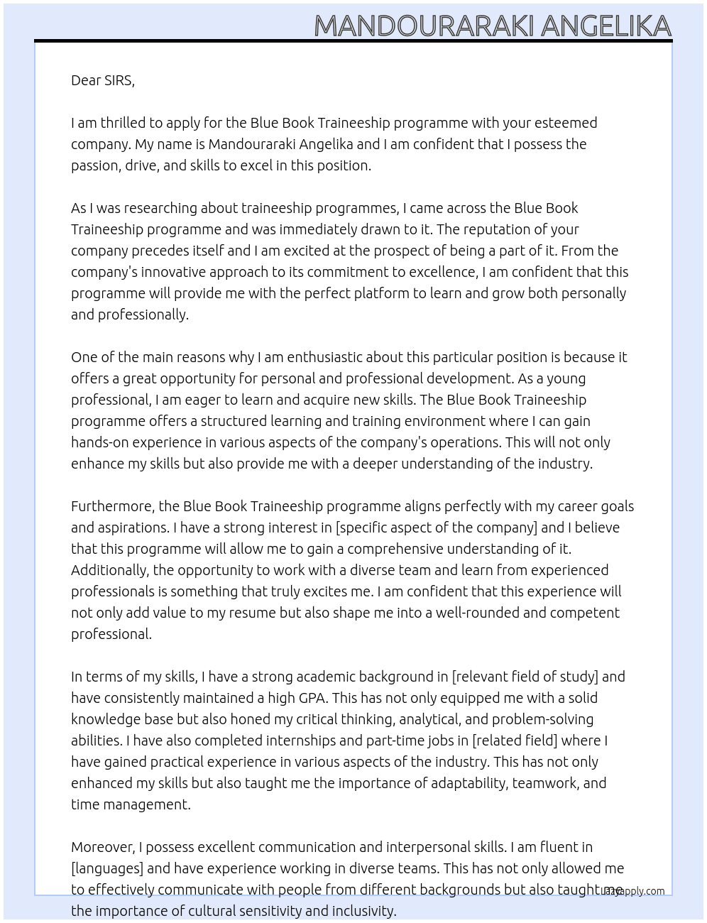 Cover letter for blue book traineeship programme - LazyApply