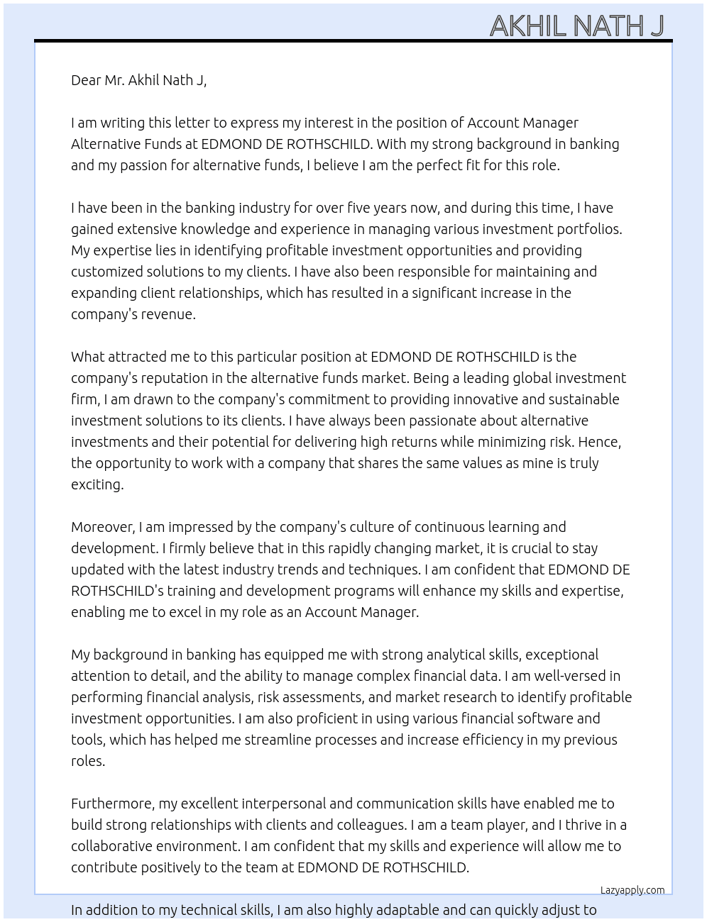 Banking At EDMOND DE ROTHSCHILD Cover Letter