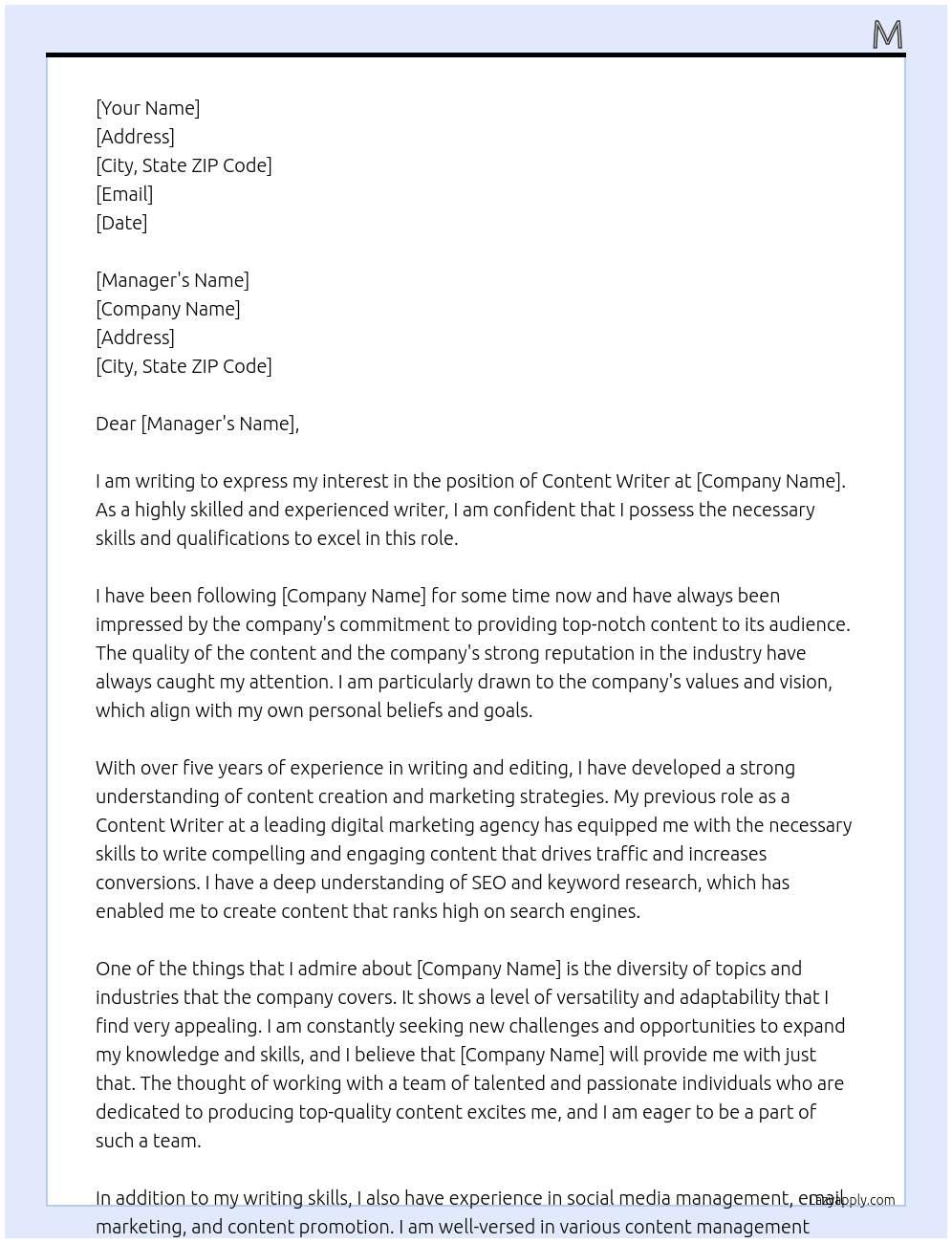 content writer At kite Cover Letter
