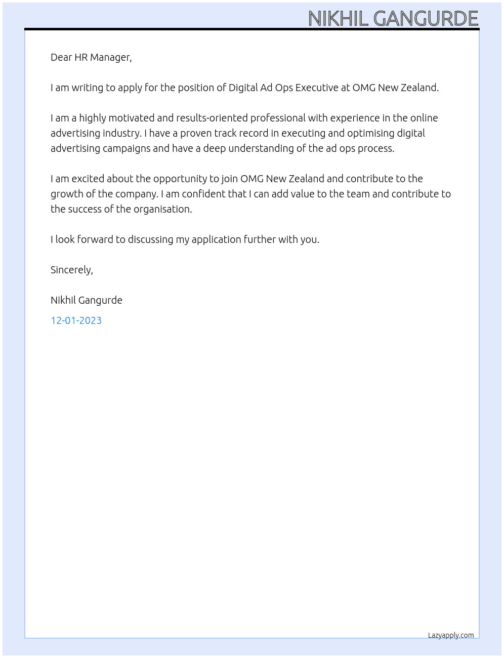 Digital Ad Ops Executive At OMG New Zealand Cover Letter