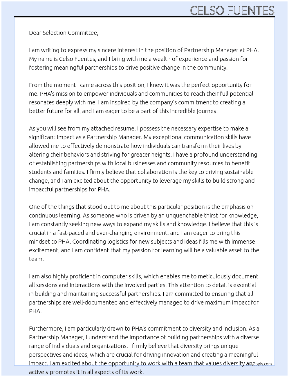 Partnership Manager At PHA Cover Letter