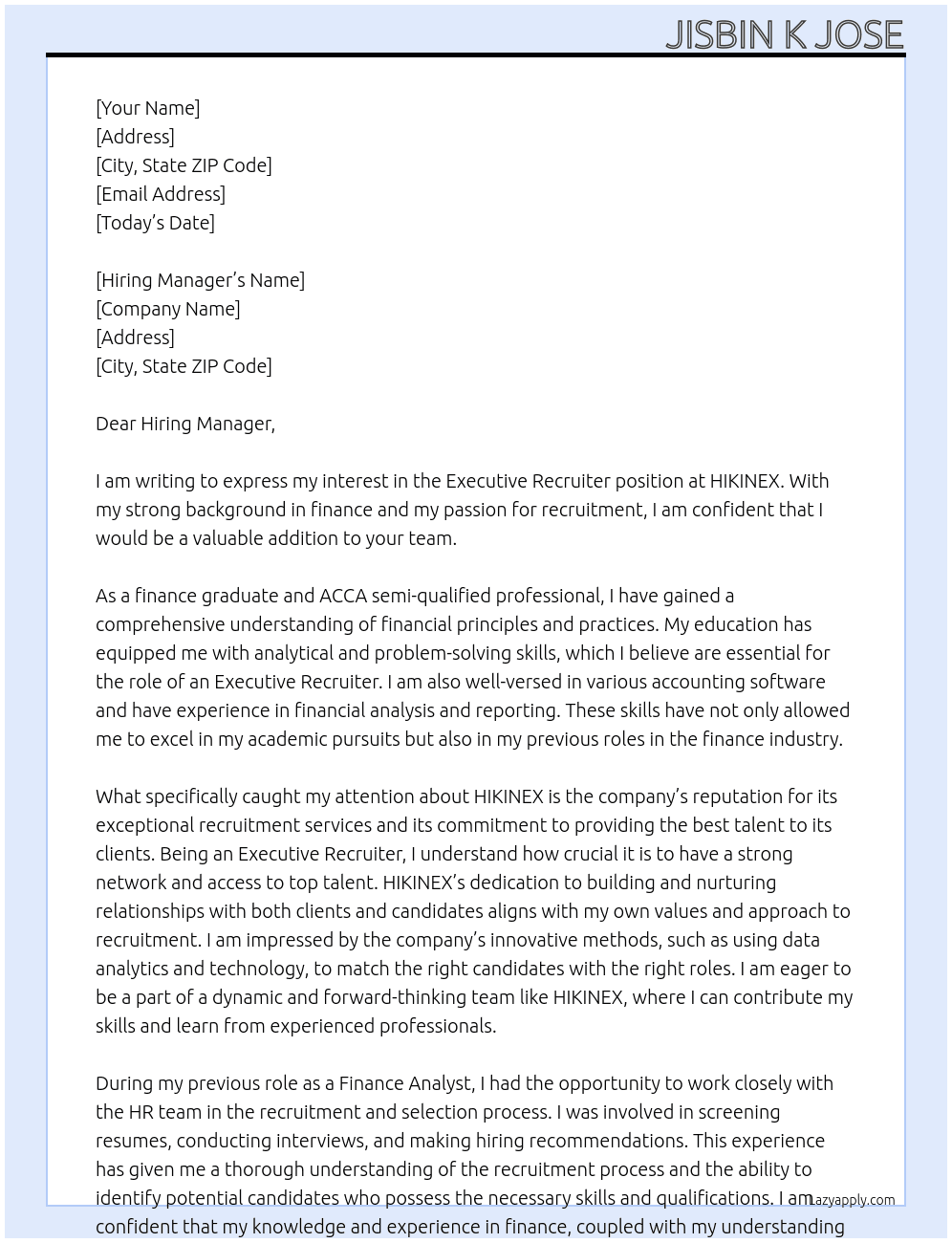 Executive Recruiter  At HIKINEX Cover Letter