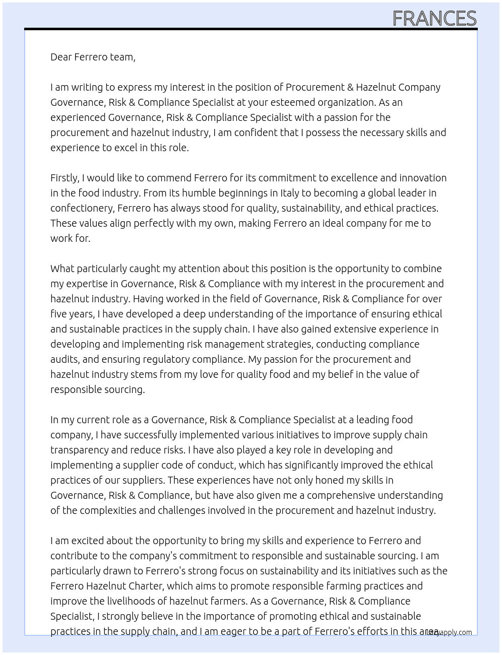Procurement & Hazelnut Company Governance, Risk & Compliance Specialist At Ferrero Cover Letter