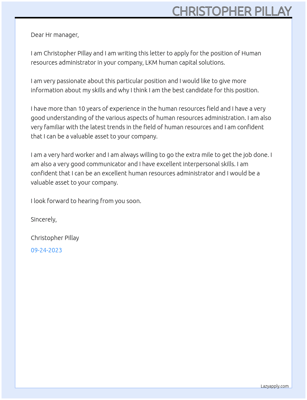 Human resources administrator  At LKM human capital solutions Cover Letter