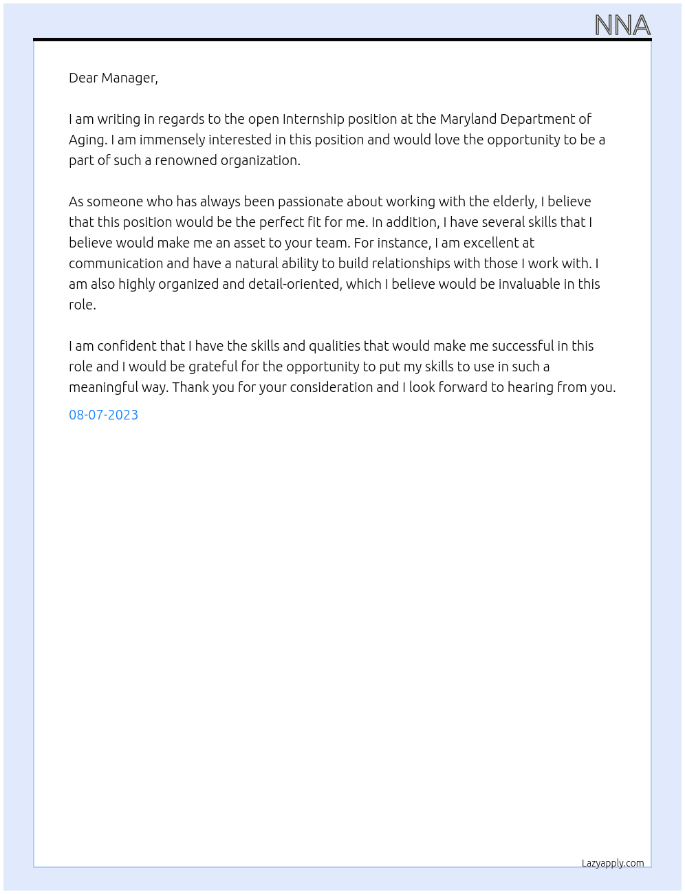 Internship At Maryland Department of Aging Cover Letter