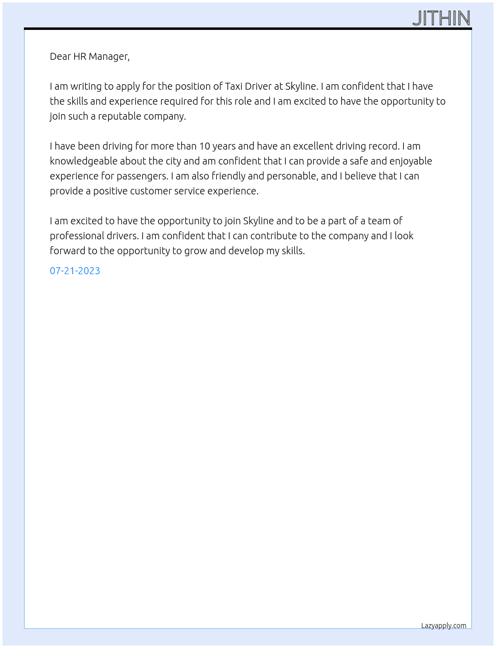 Taxi Driver  At Skyline  Cover Letter