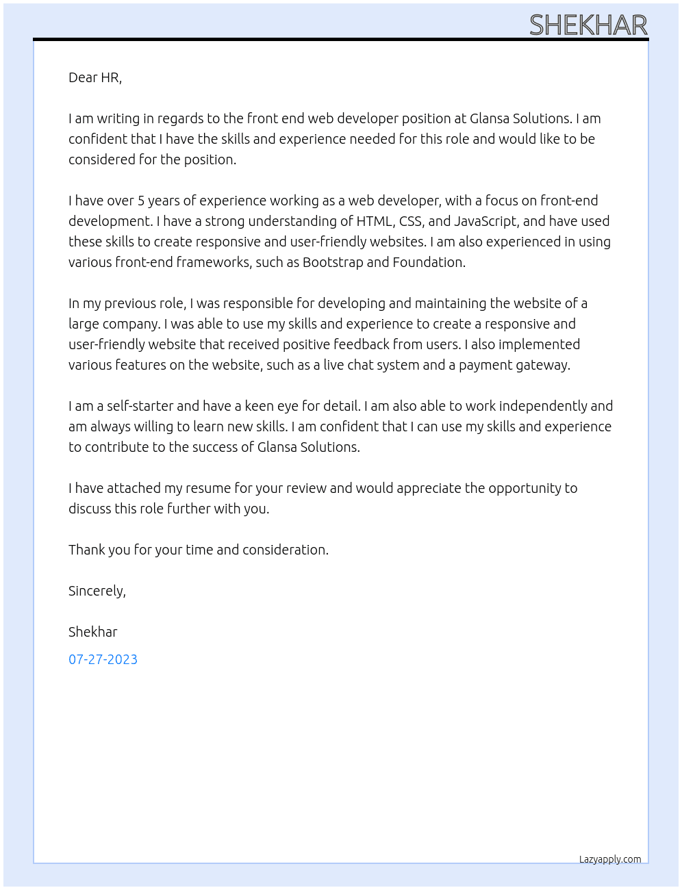 front end web developer At Glansa Solutions Cover Letter