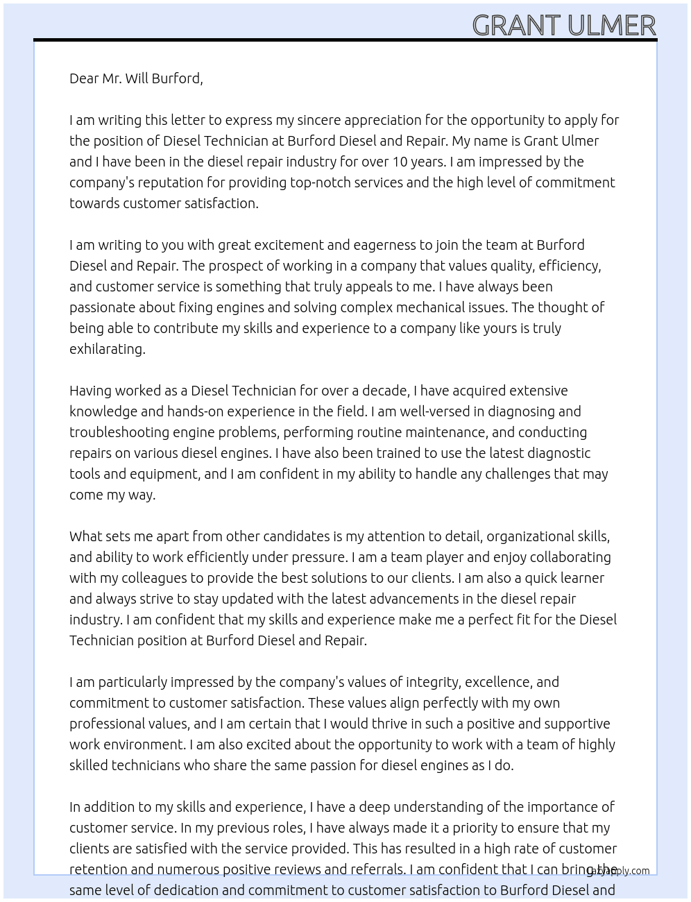 Diesel Technician At Burford Diesel and Repair Cover Letter