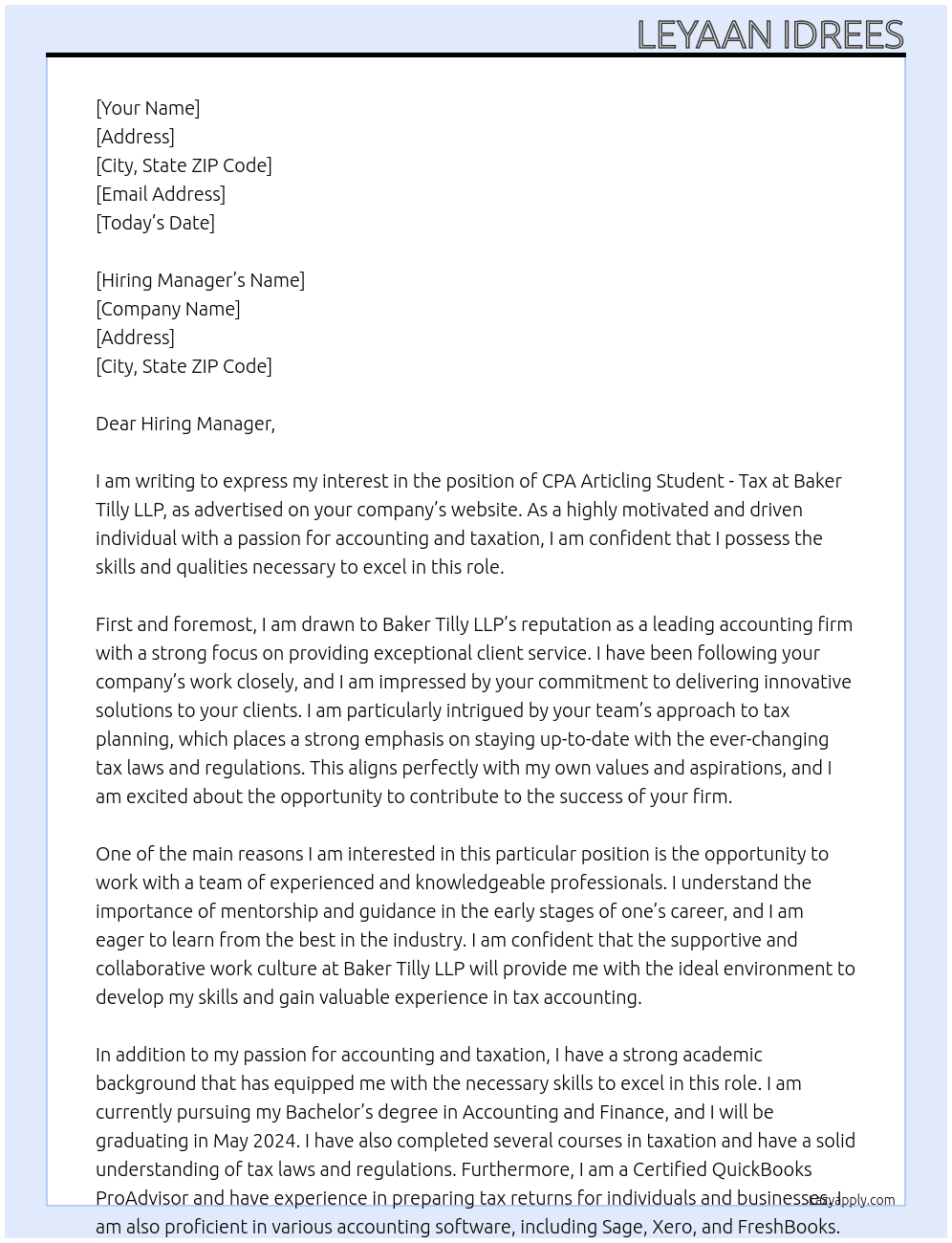 CPA Articling Student - Tax - September 2024  At Baker Tilly LLP Cover Letter