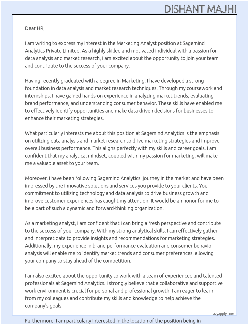 Marketing analyst At Sagemind Analytics Private Limited Cover Letter