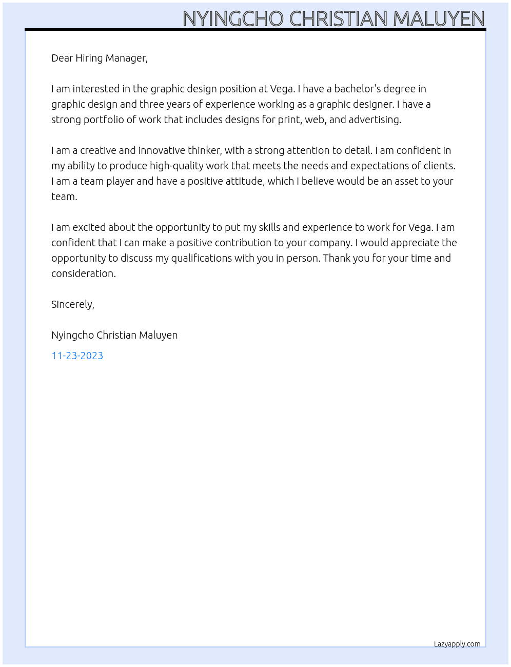 graphic design At vega Cover Letter