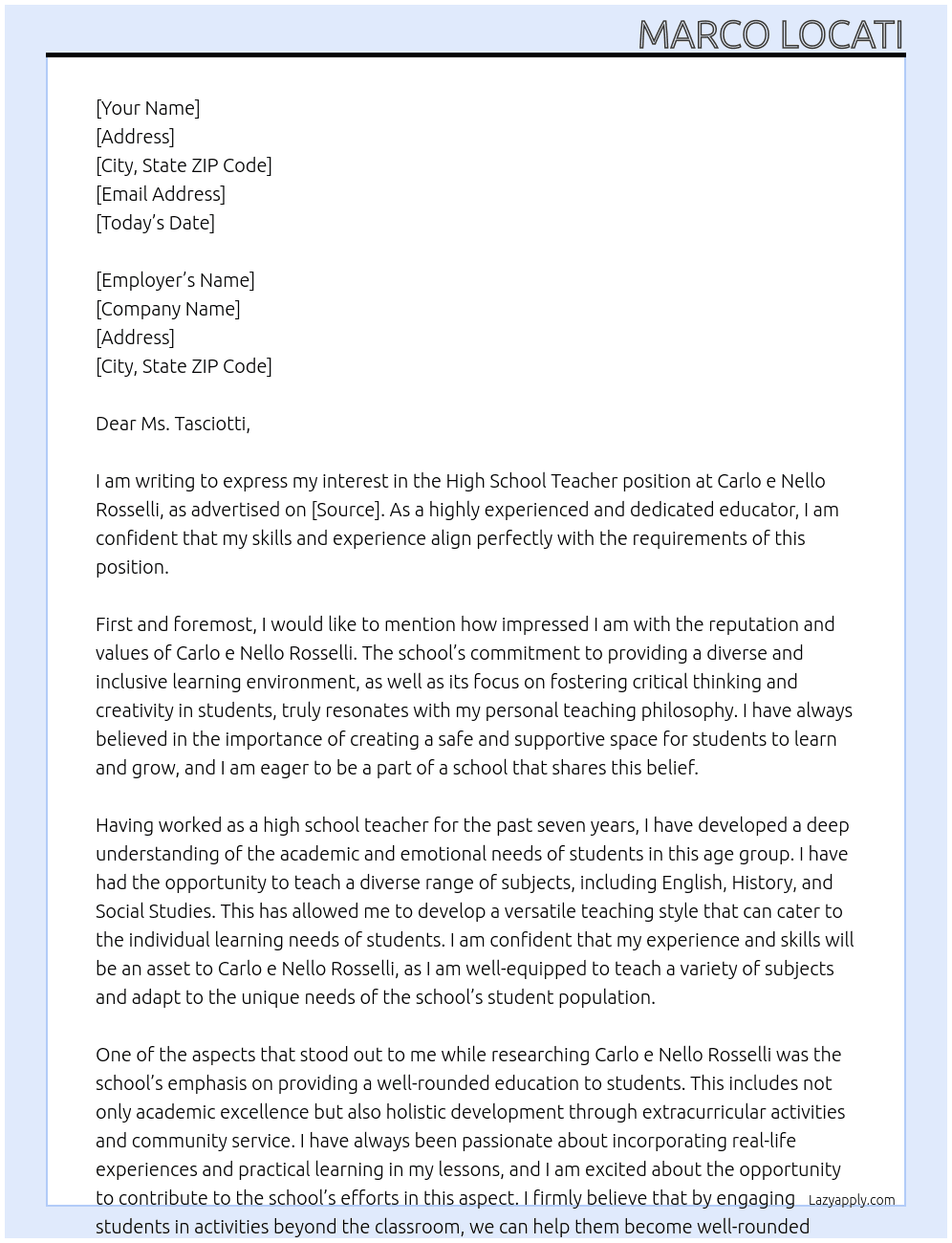 High school teacher At Carlo e Nello Rosselli Cover Letter