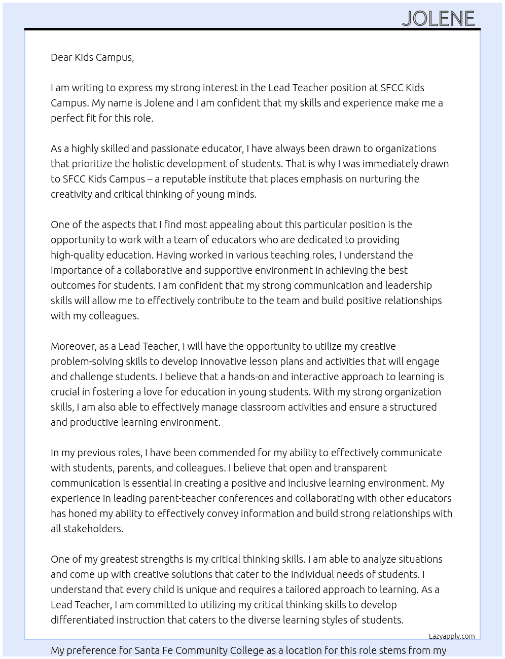 Teaching At SFCC Kids Campus Cover Letter