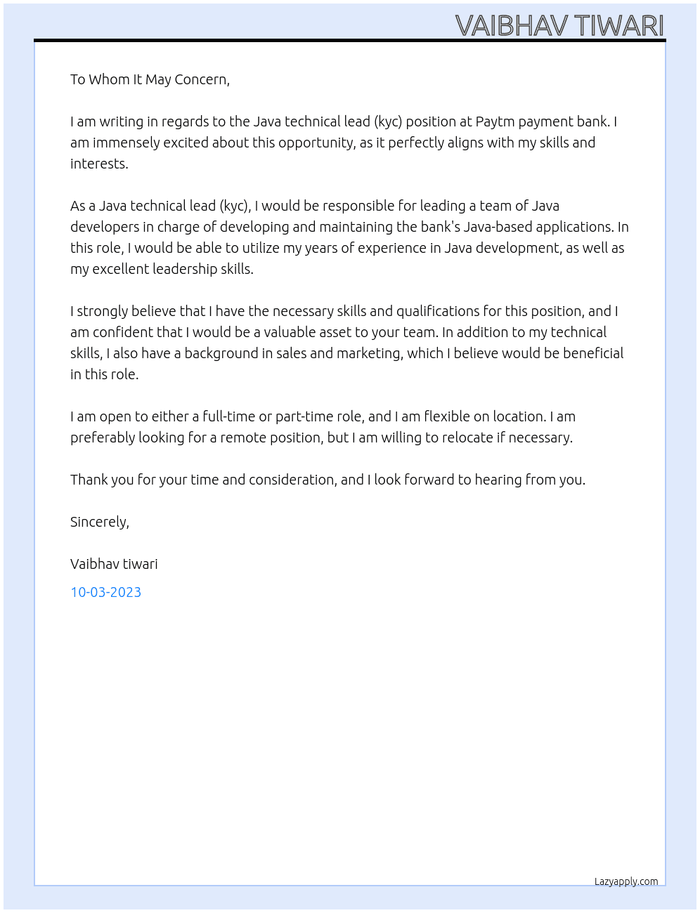 Java technical lead (kyc) At Paytm payment bank Cover Letter