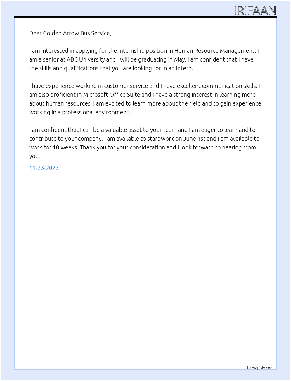 Internship  At Golden Arrow Bus Service Cover Letter