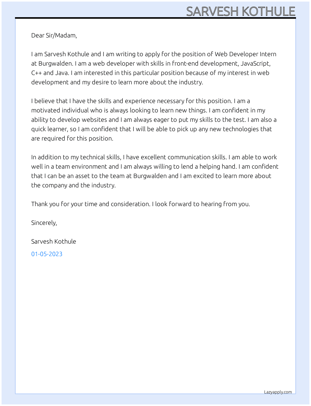 Web Developer Intern At Burgwalden Cover Letter