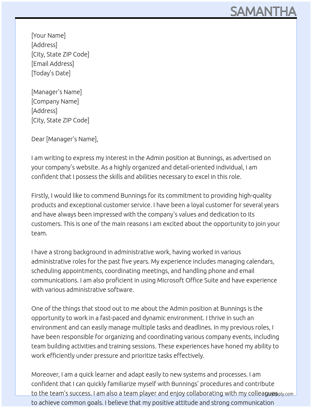 Admin At Bunnings Cover Letter