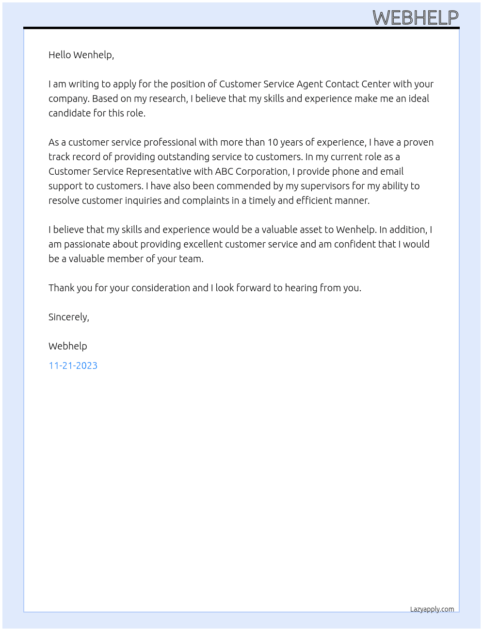 Customer service agent contact center At Wenhelp Cover Letter
